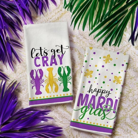 Mardi Gras Kitchen Towels Set Farmhouse Decor Cottage Decoration Dish Cloths 2pc - Picture 1 of 4